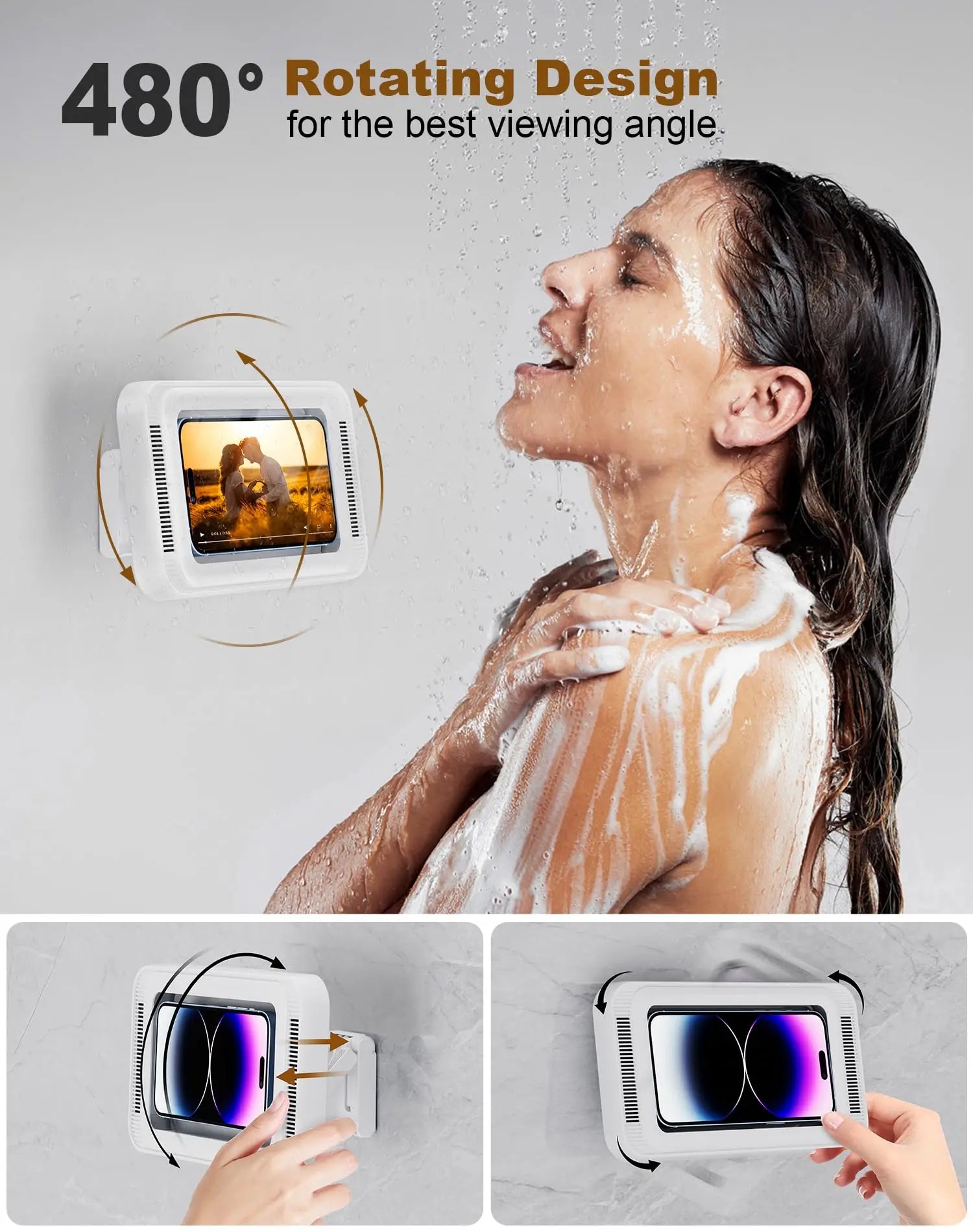 Shower Phone Holder with Speaker  480 Rotation, Wall Phone Mount for Shower Waterproof Anti Fog Shower Case for 4-7" Phones